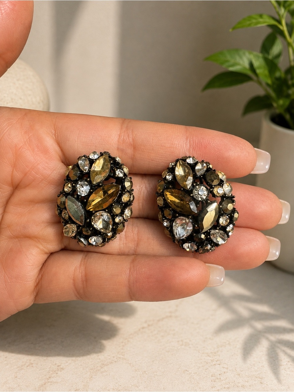 Zara Oval Crystal Cluster Earrings in Amber and Clear